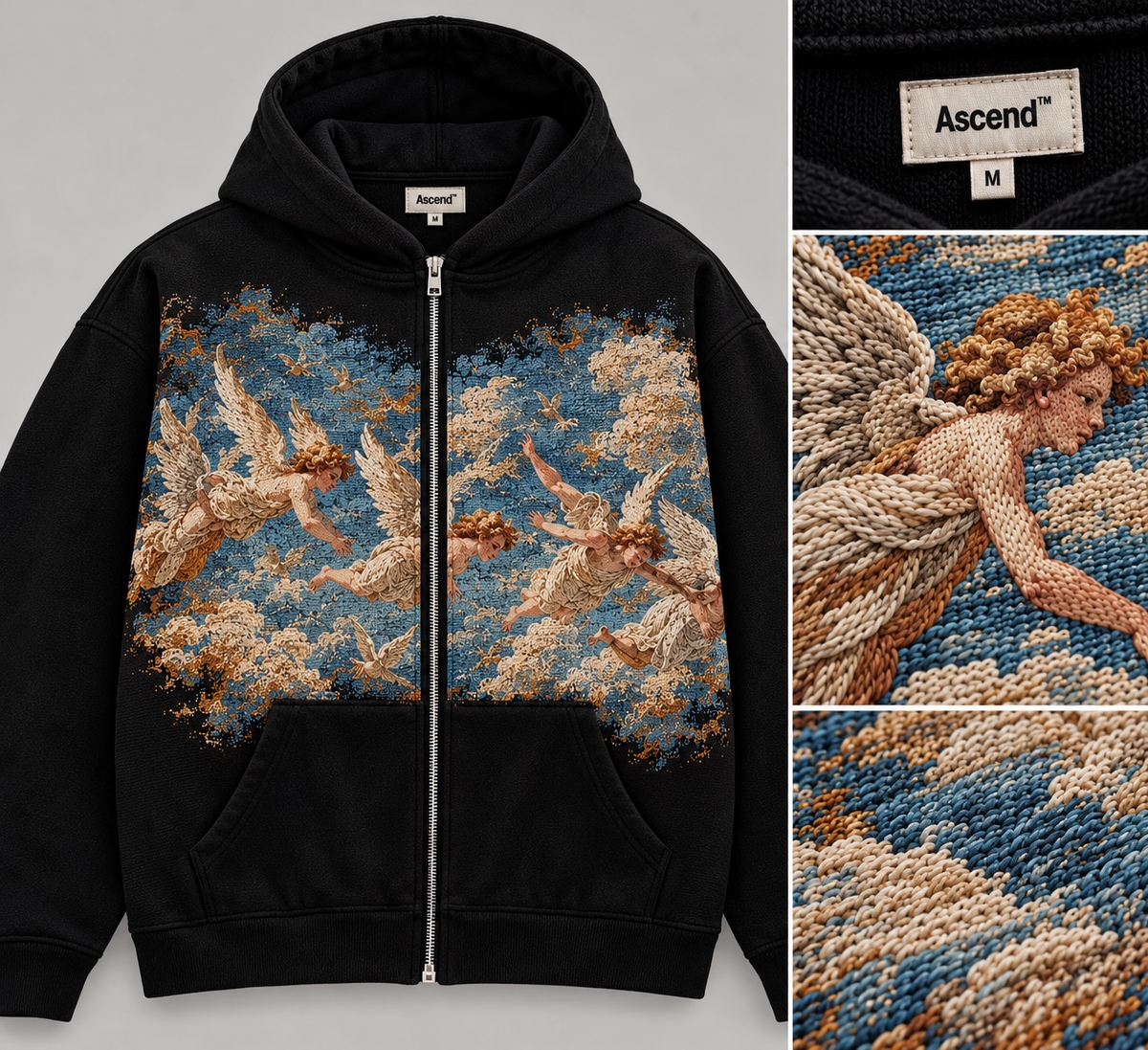Angels in the Sky Embroidered Zip Hoodie in Black by Ascend