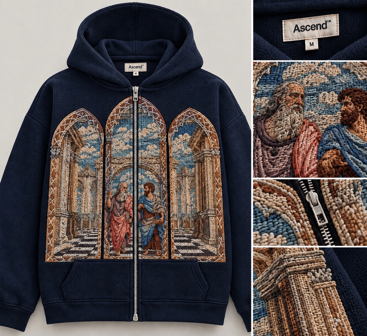 School of Athens Embroidered Zip Hoodie Limited Edition in Navy by Ascend